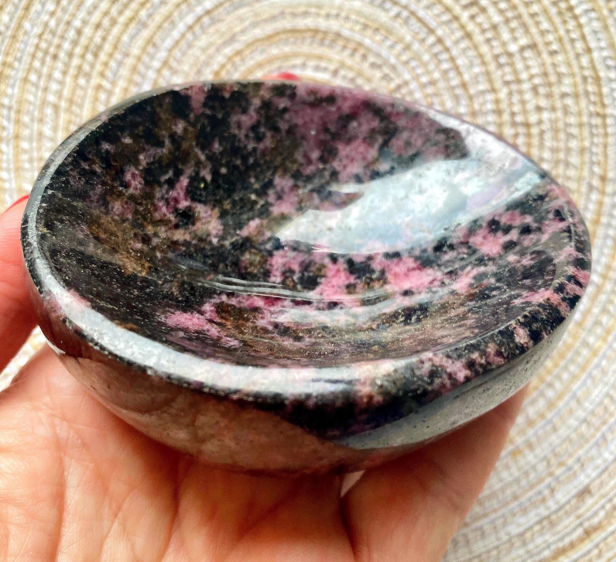 Rhodonite crystal bowl, hand-polished